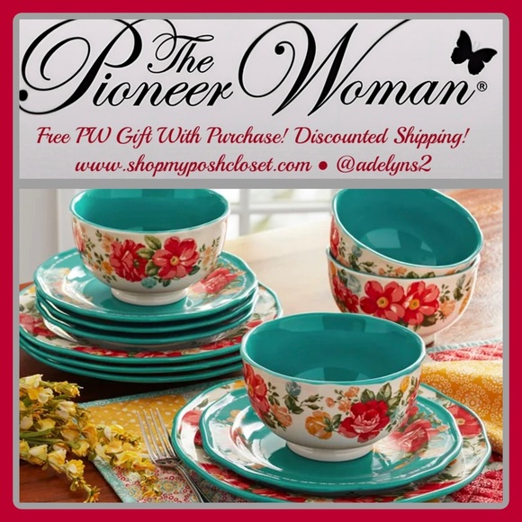 2018 🌺 New The Pioneer Woman Vintage Floral 12-Piece Dinnerware Set, Teal Blue - Picture 2 of 5